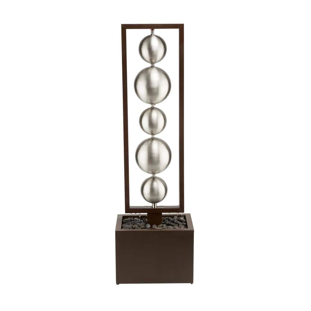 55" Metal Modern Column Fountain with Stainless Steel Orbs Silver/Brown - Alpine Corporation: Electric-Powered