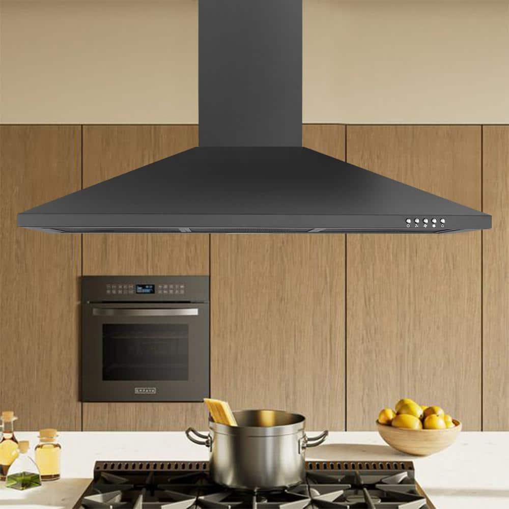36 Inch Black Range Hood, 450 CFM Stainless Steel Wall Mount Kitchen Hood with Ducted Ductless Convertible, Button Control Over Stove Vent Hood with 3 Speed Noiseless Fan, LED Light (450CFM)