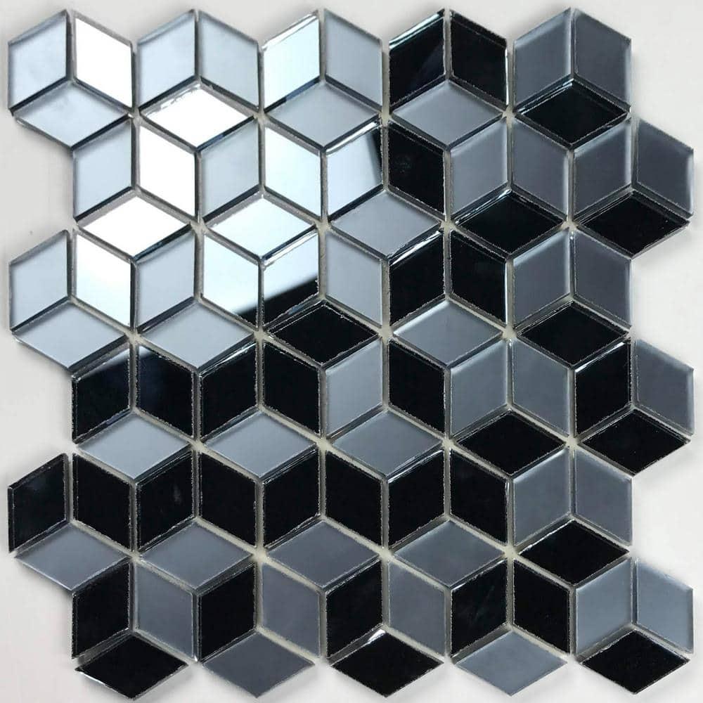 Musico 1.625 in. x 1.875 in. Multifinish Glass Mirror Straight Edge Diamond Cubed Mosaic Decorative Kitchen & Bathroom Wall Tile