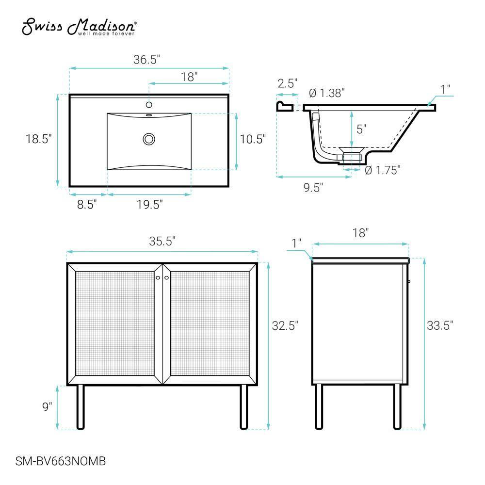 Swiss Madison Classe 36" Freestanding Bathroom Vanity In Natural Oak With 3-Hole Widespread Sink Top