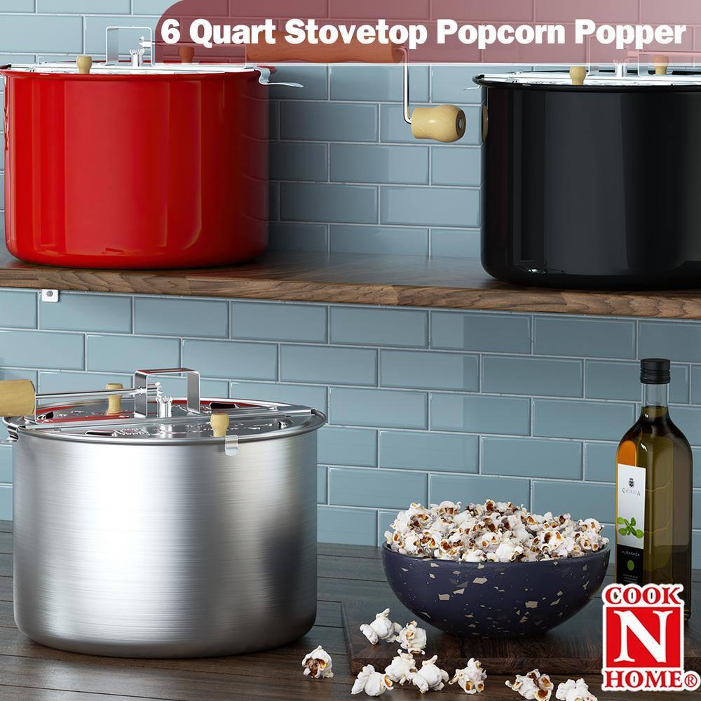 Cook N Home Stovetop Popcorn Popper with Crank, 6-Quart Aluminum Popcorn Pot Popcorn Maker, Black