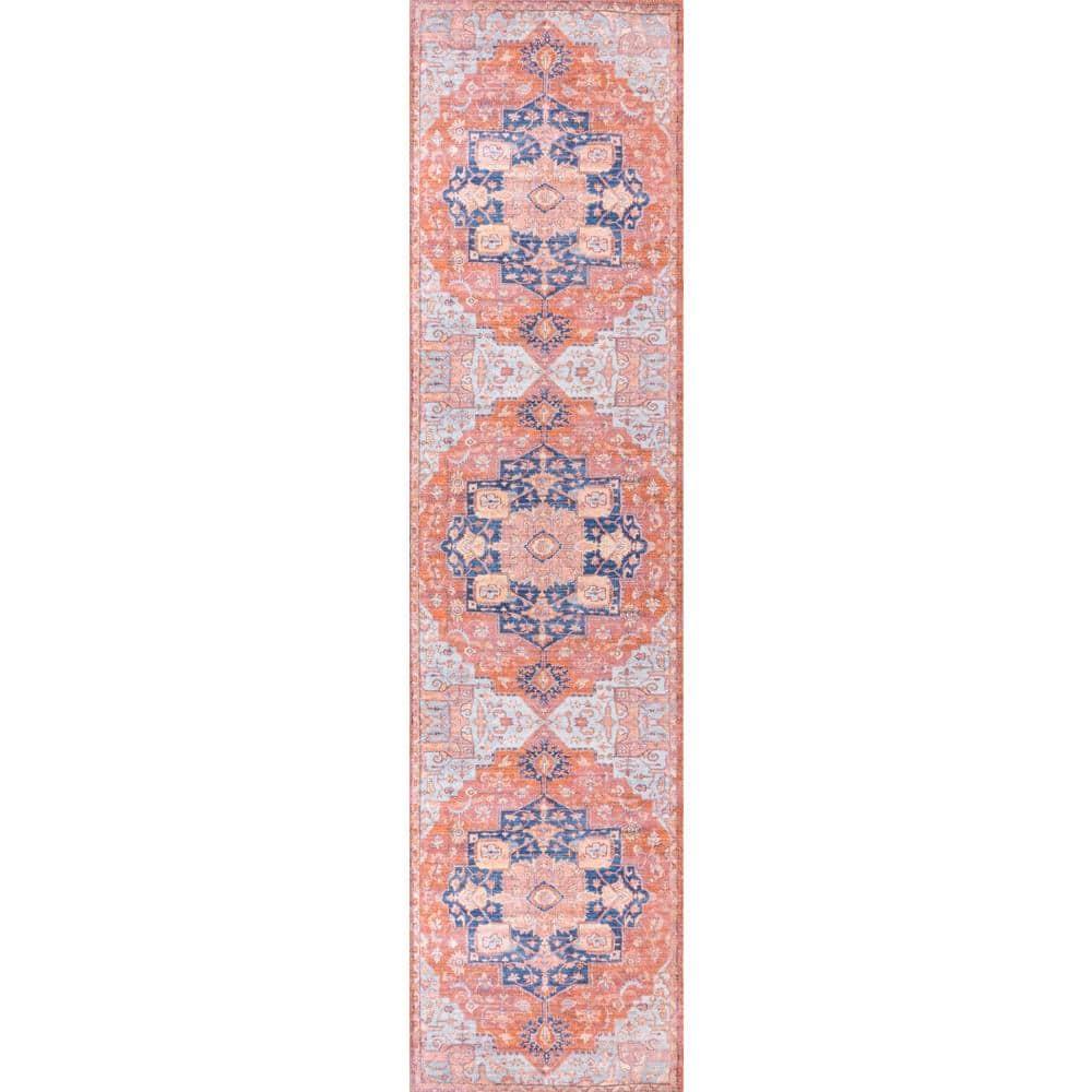 2' x 8' Maris Ornate Medallion Machine Washable Indoor/Outdoor Runner Rug, Orange/Cream - JONATHAN Y