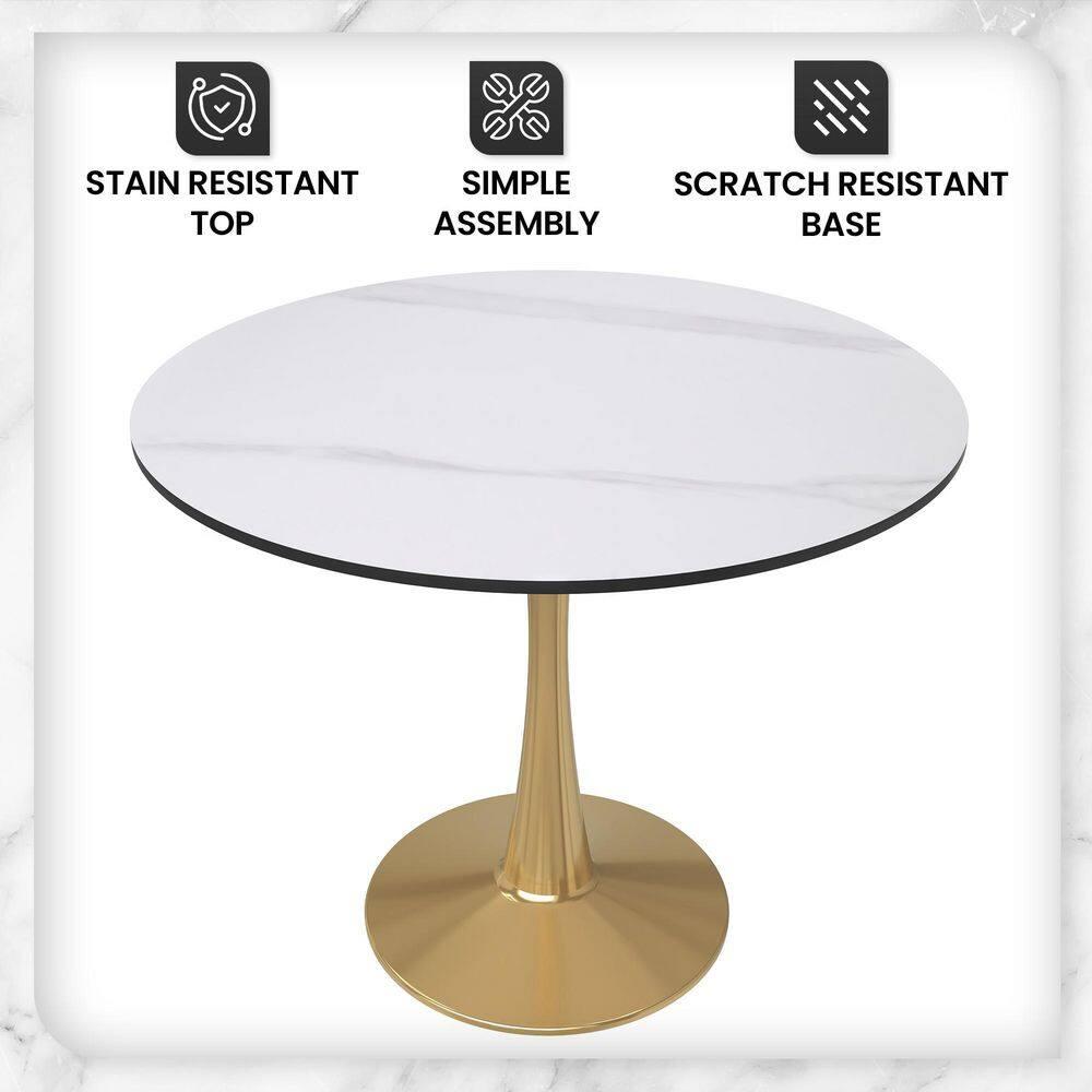 LeisureMod Bristol 35" Round Dining Table – Sintered Stone Top Accent Café Table & Sturdy Steel Gold Pedestal Base for Kitchen and Small Spaces