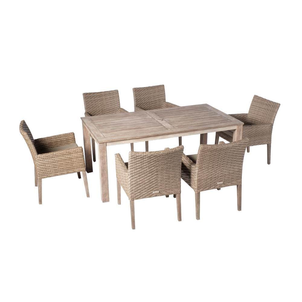 Alfresco Home Cornwall 7Pc Wicker and Wood Patio Dining Set Degas/Vintage Patina