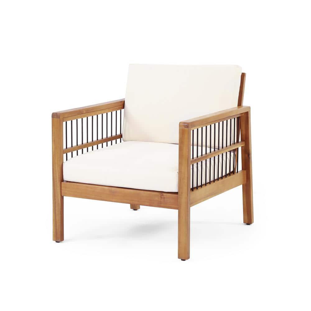 Noble House Bennion with Cushion Acacia Wood Outdoor Lounge Chair - Set of 2, Beige and Teak