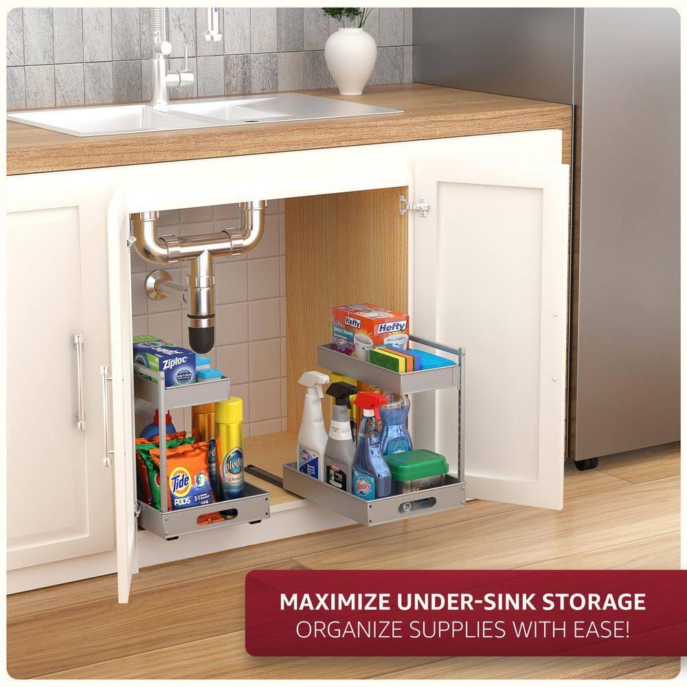 Sorbus Sorbus Under Sink Organizer with Sliding Tracks and Adhesive Tape - 2-Tier Pull-Out Storage Rack for Kitchen and Bathroom - No Drill Under Sink Organization Storage Cabinet Shelf, Set of 2
