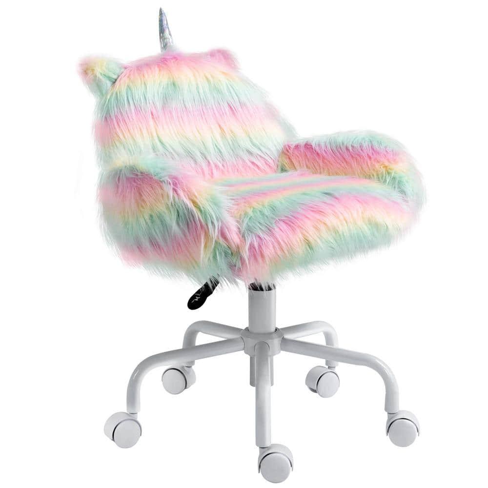 Canddidliike Fluffy Unicorn Office Chair, Desk Chair with Mid-Back and Armrest Support, Desk Chair with 5 Star Swivel Wheel White Base, Multicolored