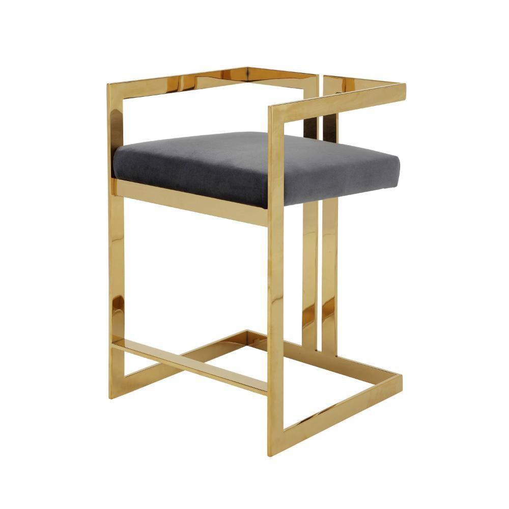 Benjara Suki 26 Inch Barstool Chair, Gray Velvet Seat, Stainless Steel, Gold Finish