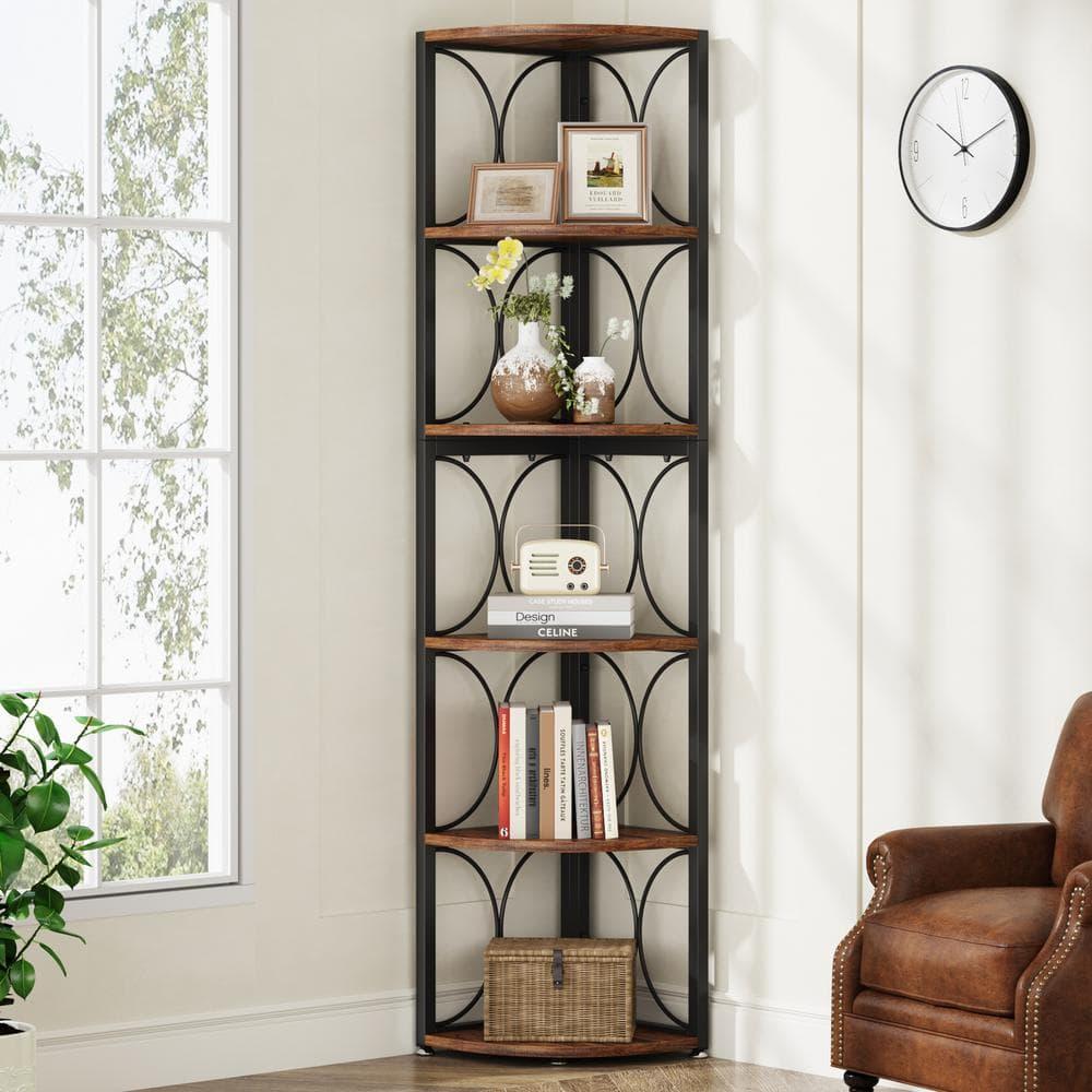 67 in. Tall Rustic Brown Engineered Wood 6-Shelf Corner Bookcase for Living Room, Small Space
