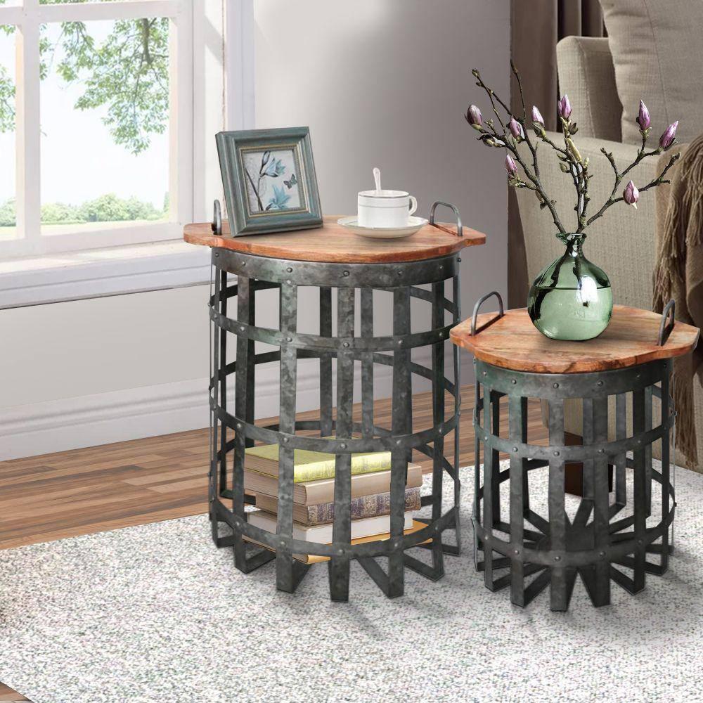 Benzara Set of 2 Industrial Grid Galvanized Accent End Table with Round Lid and Handles Accent Tables Gray/Brown