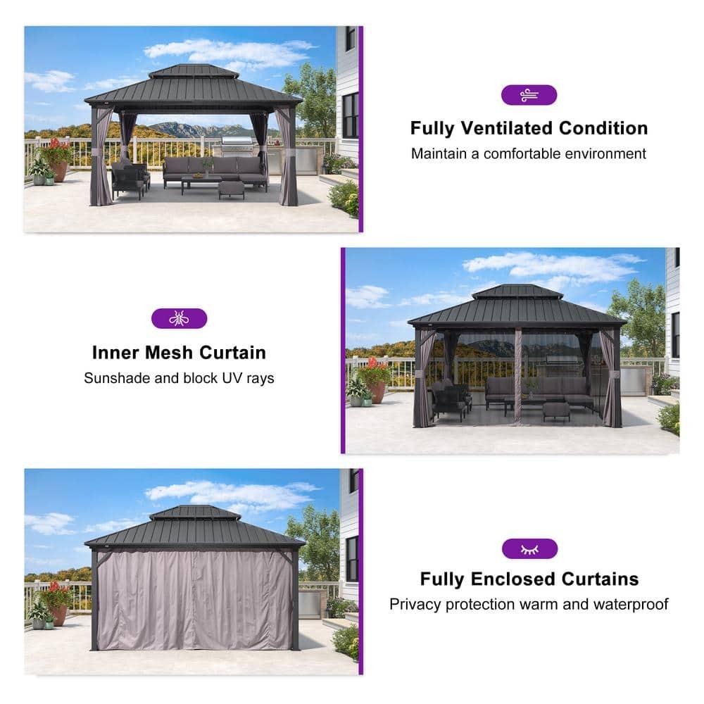 PURPLE LEAF 12' x 14' Permanent Hardtop Gazebo Aluminum Frame Gazebo with Galvanized Steel Double Roof, UV-Resistant for Backyard Patio Lawn and Garden, Netting & Curtains included - Grey