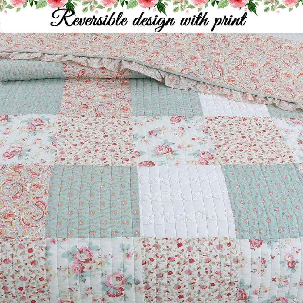 Cozy Line Home Fashions 100% Cotton Real Patchwork Floral Coral Pink Ruffled Shabby Chic Girly Reversible Quilt Bedding Set, Coverlet Bedspread (Sweet Roses, Queen - 3 Piece)