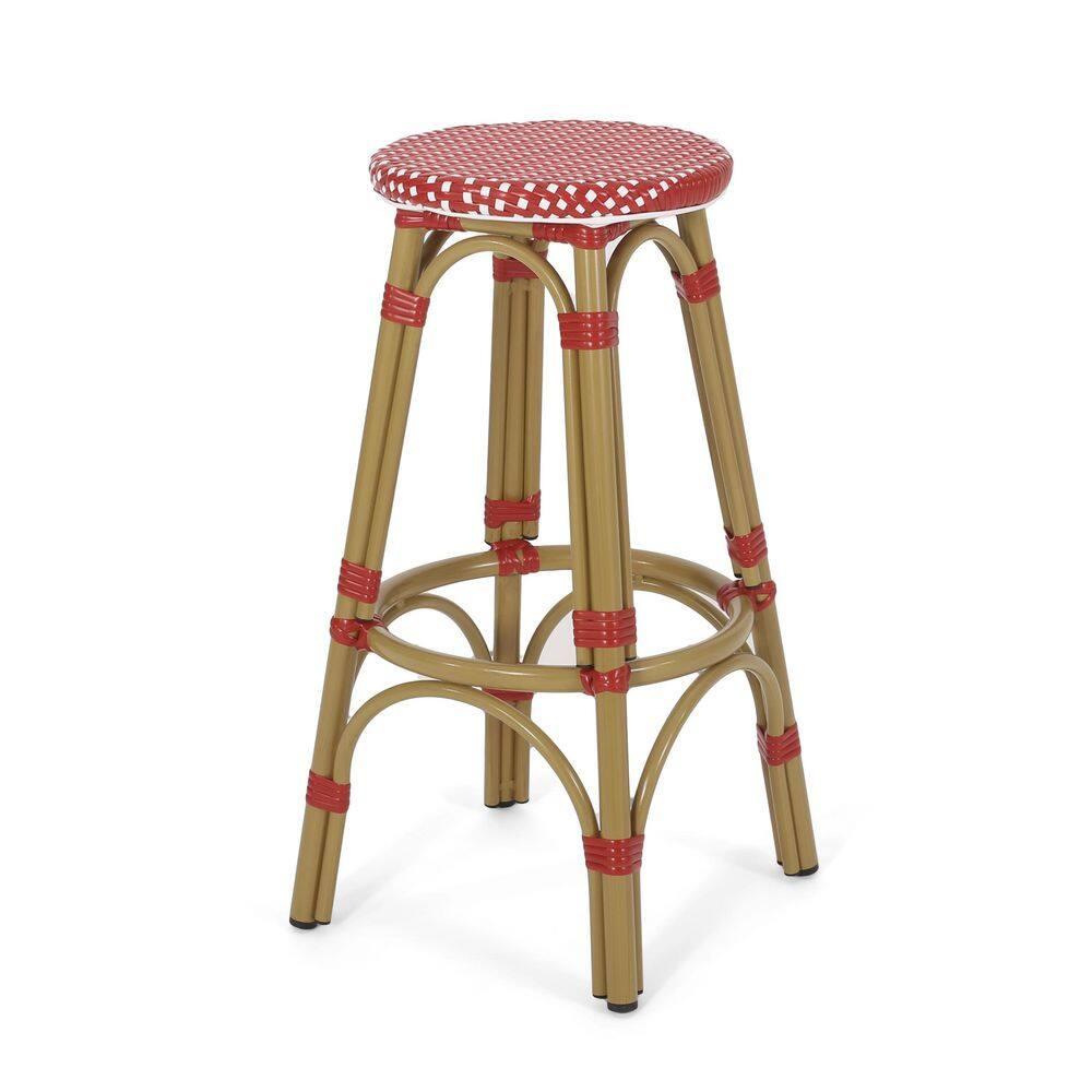 Wilbur Aluminum and Wicker Outdoor 29.5 Inch Barstools, Set of 2, Red, White, and Bamboo Finish