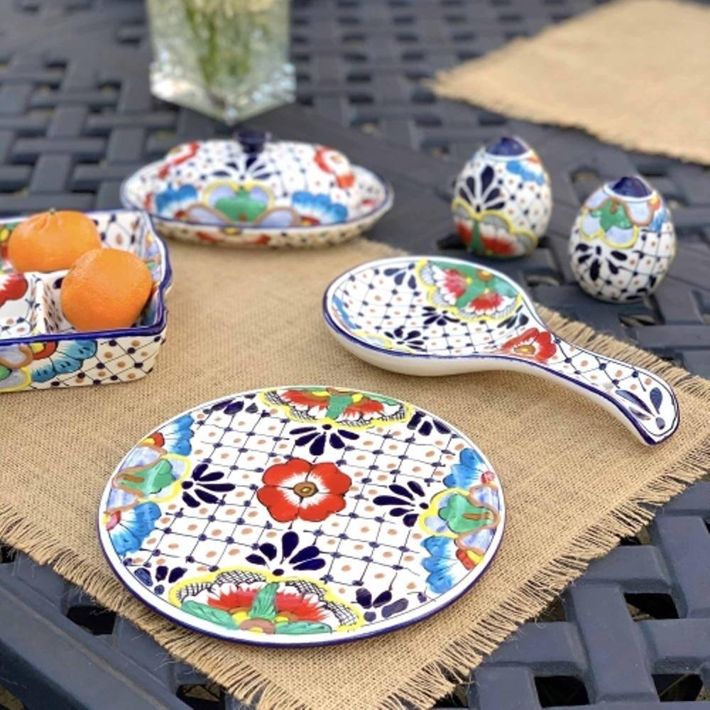 Encantada MC125D Handmade Pottery Spoon Rest, Dots & Flowers