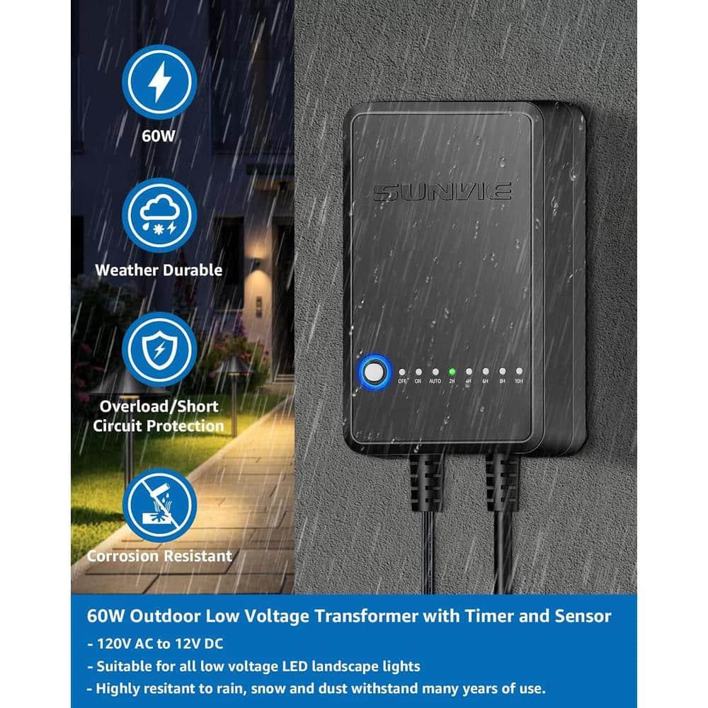 SUNVIE 60W Low Voltage Landscape Transformer with Timer and Photocell Sensor, 120V AC to 12V DC Landscape Lighting Transformer Weatherproof Low Voltage Transformer for Landscape Lights Pathway Lights