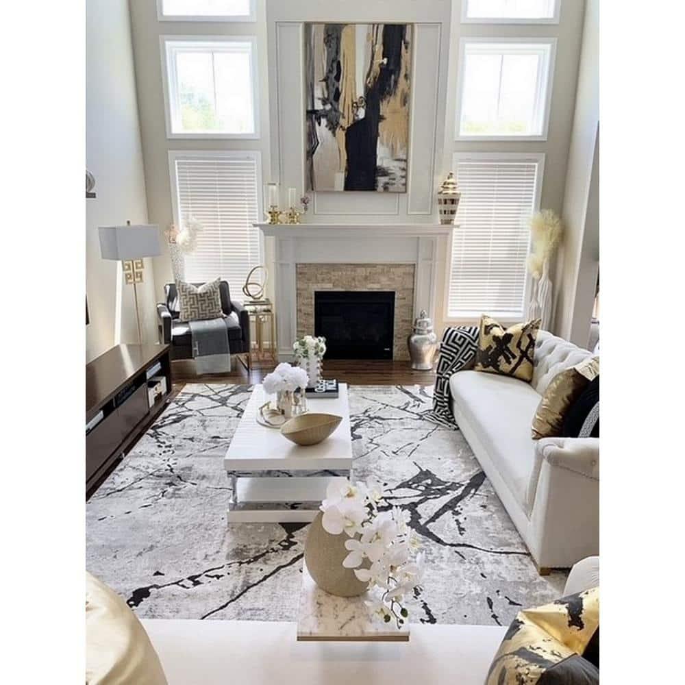 Handmade Round Gray and Black Abstract Synthetic Rug