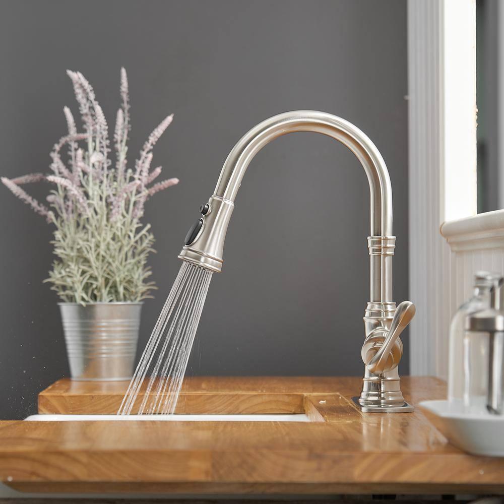 Kitchen Sink Faucet Brushed Nickel with Pull Down Sprayer 3 Mode Faucet for Kitchen Sink Single Handle High Arc Commercial Stainless Steel Pull Out RV Kitchen Faucet Bar,Deck Plate Include