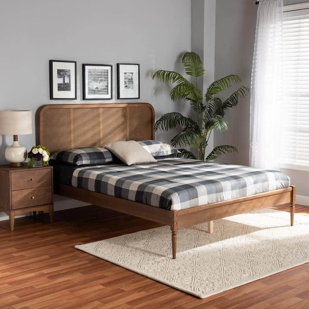 Queen Elston Wood & Synthetic Rattan Platform Bed: Mid-Century Design, No Box Spring - Baxton Studio