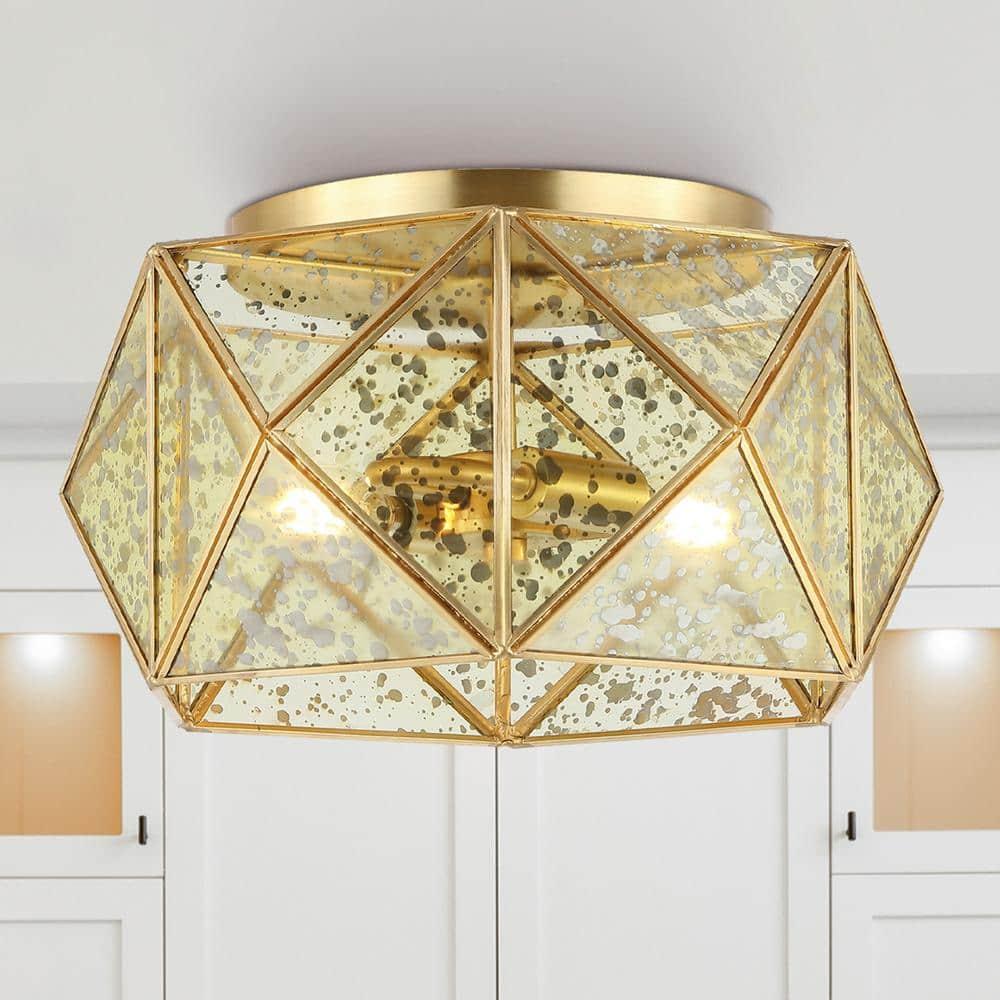 JONATHAN Y JYL9927A Violet 12.5" 2-Light Industrial Vintage Iron/Glass LED Flush Mount Farmhouse Modern 2700K Cozy Warm Light Kitchen Hallway Bathroom Stairwell Entryway Foyer, Brass Gold