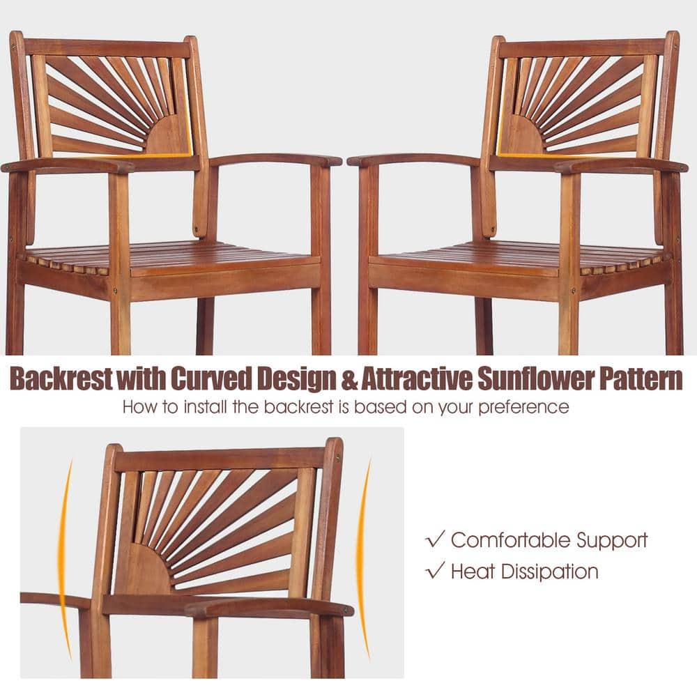 Topbuy Acacia Wood Outdoor Bar Stools with Footrest and Backrest - Set of 2, Reddish Brown
