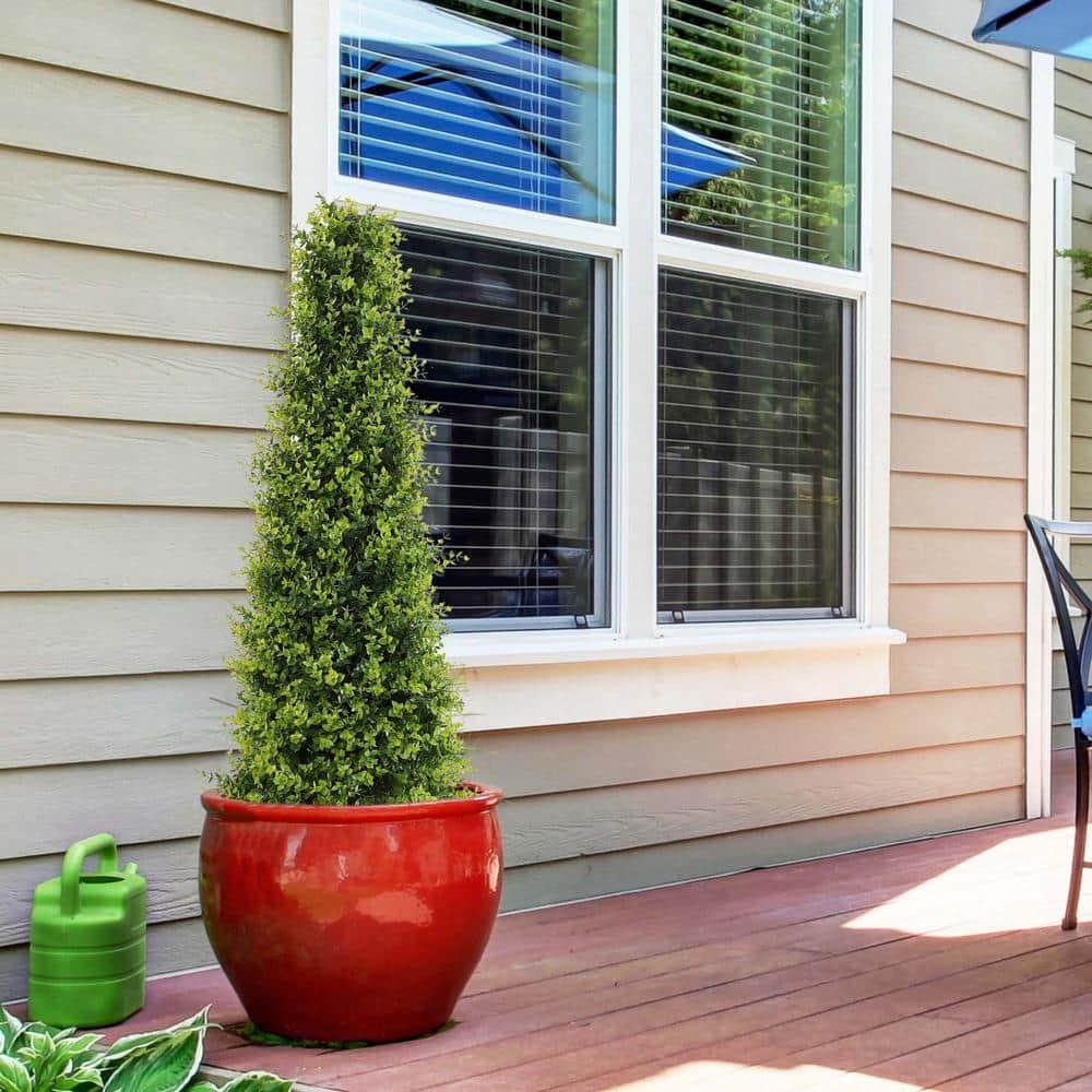 4ft Artificial Boxwood Topiary Trees, Set of 2 – UV Resistant Faux Evergreen Shrubs and Bushes for Outdoor Planters, Realistic Fake Plants for Front Porch Outside Patio Yard, 4 Foot Tall