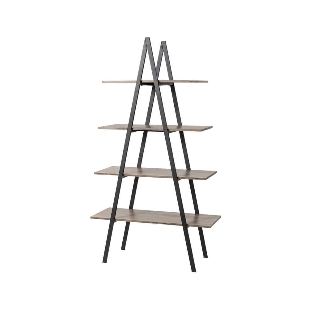 Glitzhome 64.5"H Modern Industry Wooden Oak Melamine 4-Tier Metal/ Wooden Leaning Bookcases & Ladder Shelves
