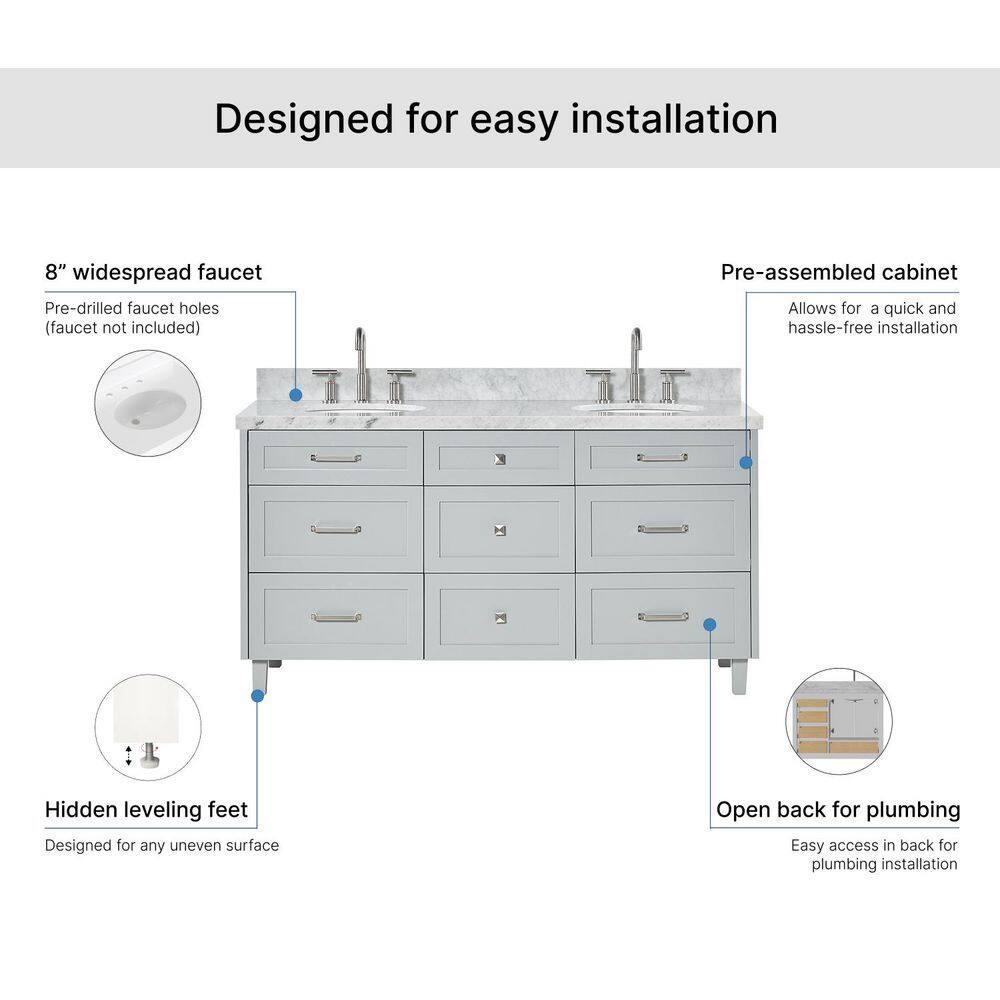 Ariel Bath Ariel Monrow 67 Inch Double Oval Sink Bathroom Vanity With Italian Carrara Marble Countertop