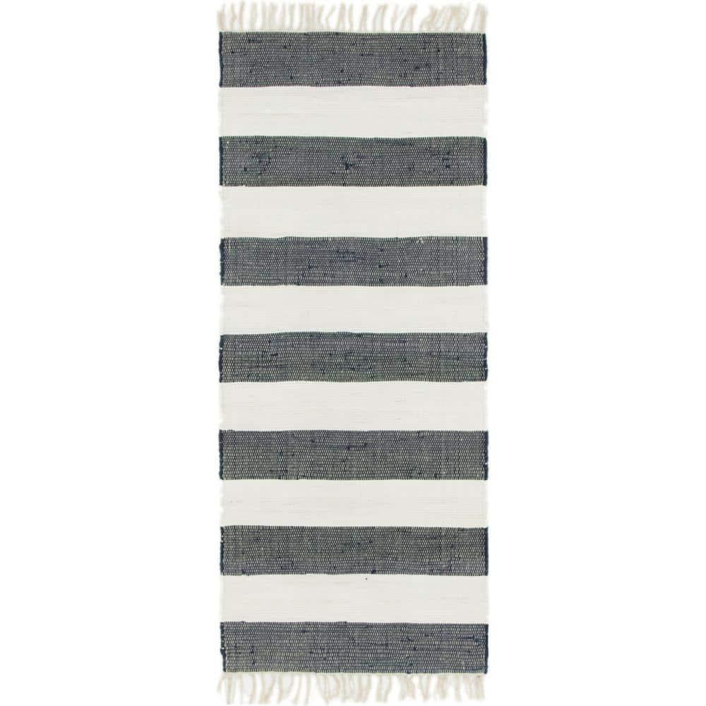Unique Loom Chindi Rag Collection Area Rug - Striped (2' 7" x 6' 1" Runner Navy Blue/Ivory)