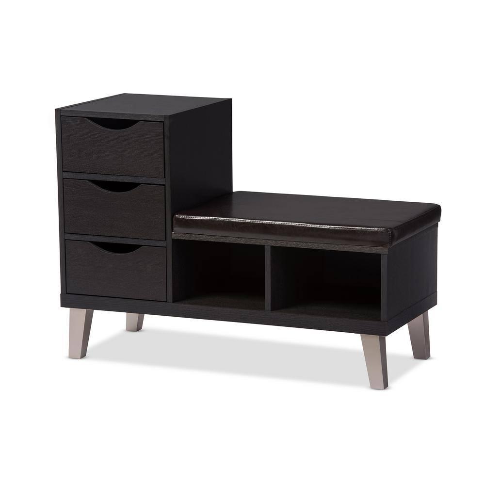 Arielle Modern and Contemporary Wood 3 - Drawer Shoe entryway benches with Two Open Shelves - Dark Brown - Baxton Studio