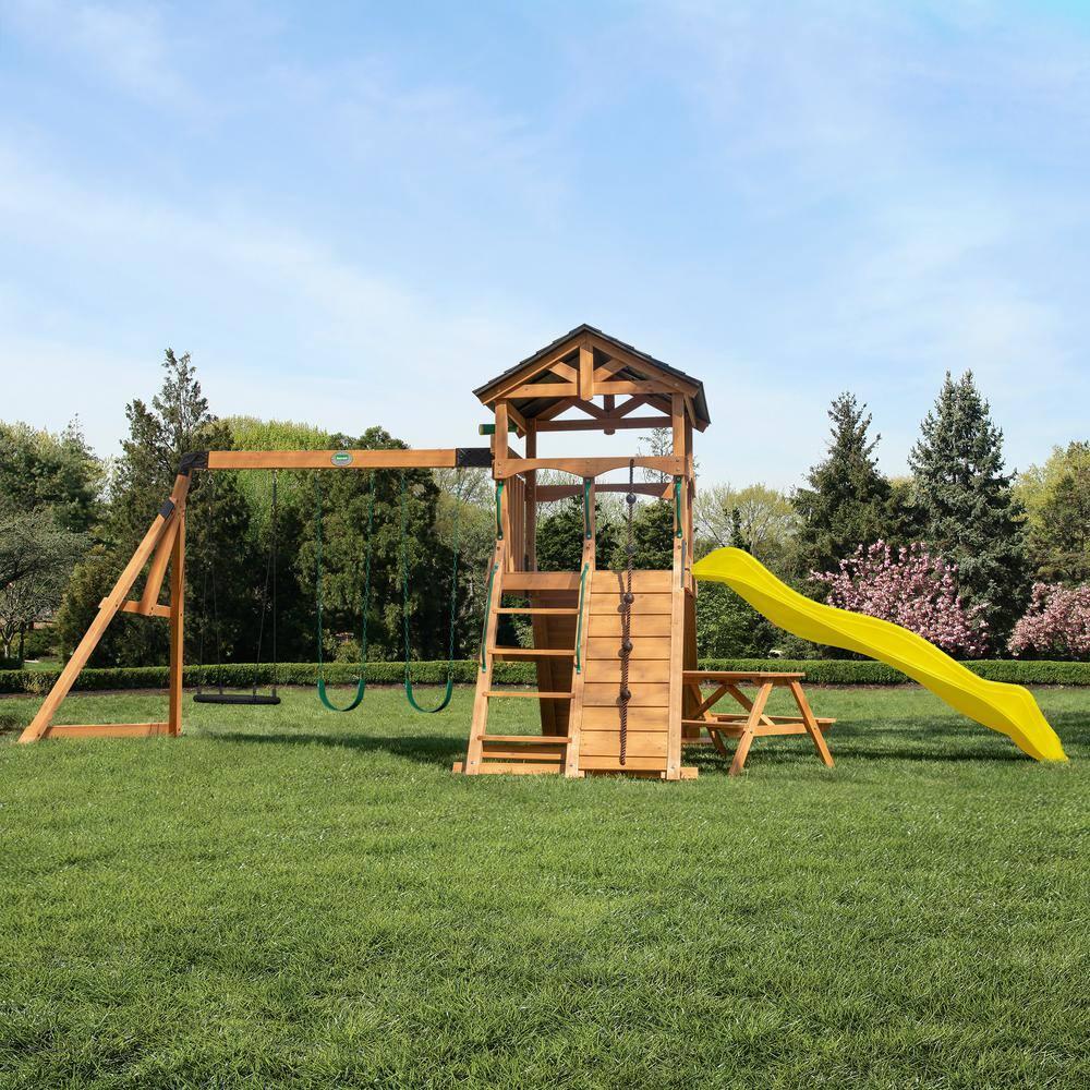 Backyard Discovery Endeavor II Cedar Wood Swing Set, Slide, Play Deck, Double Rock Wall