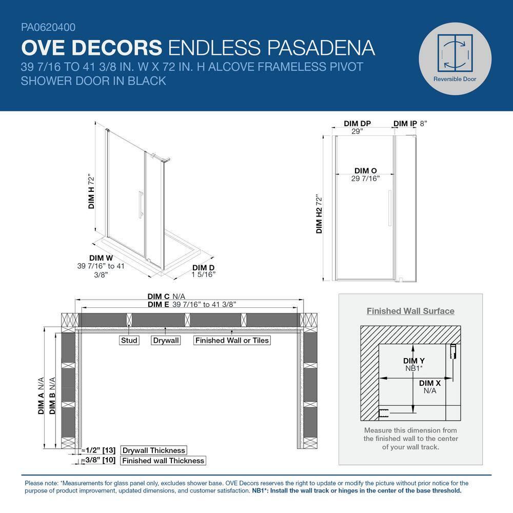 Endless Pasadena 41" W x 72" H Alcove Frameless Shower Kit, Door, Panel