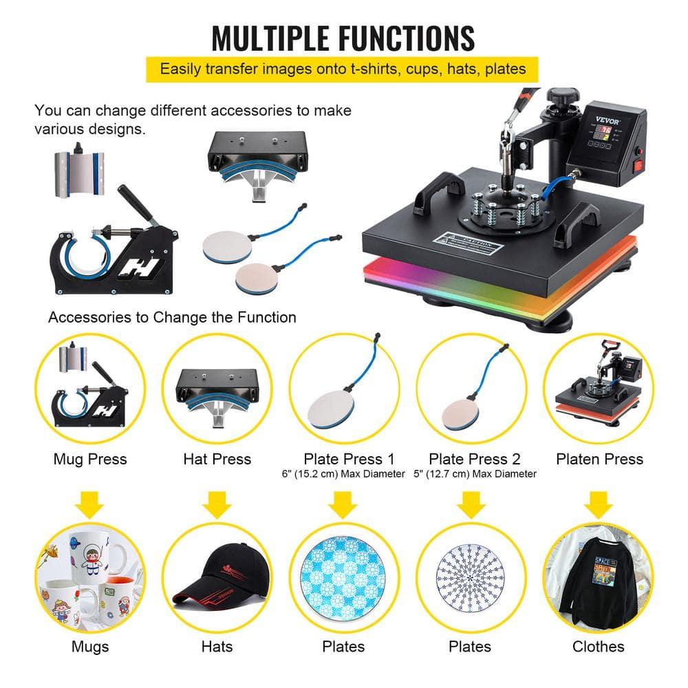VEVOR Heat Press Machine - 6 in 1 Combo Heat Press Sublimation Machine for DIY T-Shirts/Hats/Mugs/Heat Transfer Projects, 15x15 Multifunction Swing Away Heat Press with 360° Rotation