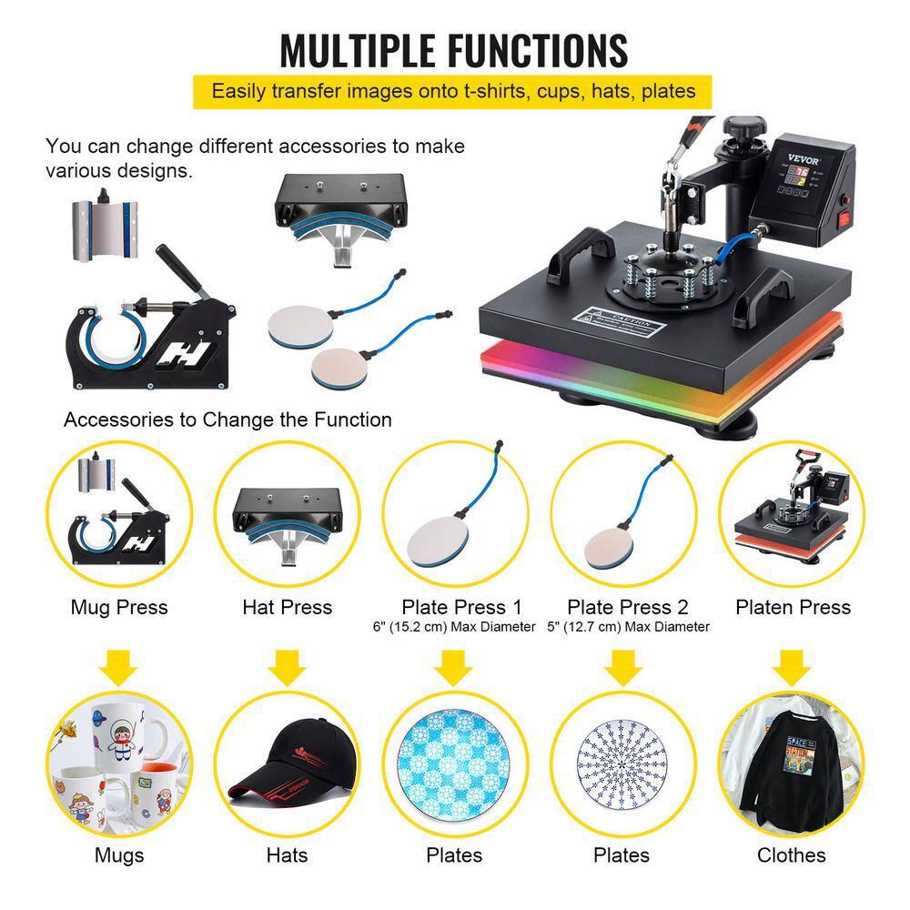 VEVOR Heat Press Machine - 6 in 1 Combo Heat Press Sublimation Machine for DIY T-Shirts/Hats/Mugs/Heat Transfer Projects, 15x15 Multifunction Swing Away Heat Press with 360° Rotation