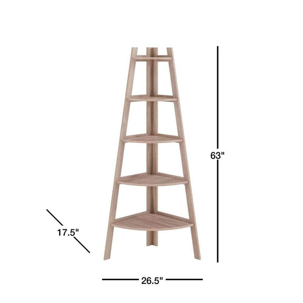 63" x 26.5" Five-Tier Pyramid Corner Ladder Shelf Weathered Oak - Danya B.: Modern Display, Open Shelves
