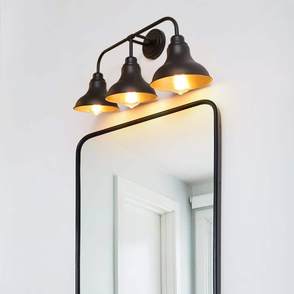 Farmhouse 25.25 in. 3-Light Black Vanity Light with Black Metal Shades