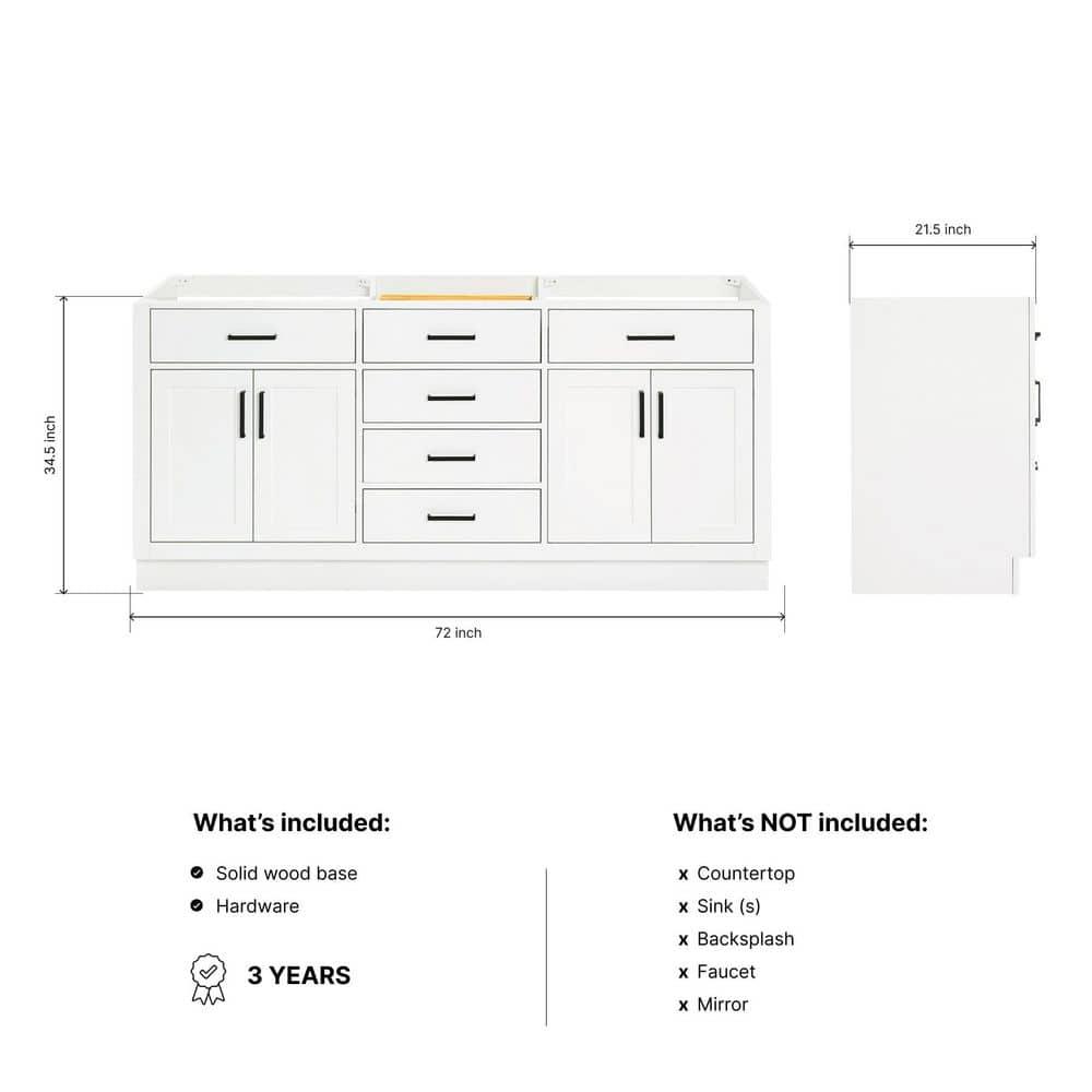 Ariel T072d-Bc Hepburn 72" Double Free Standing Vanity Cabinet Only - White