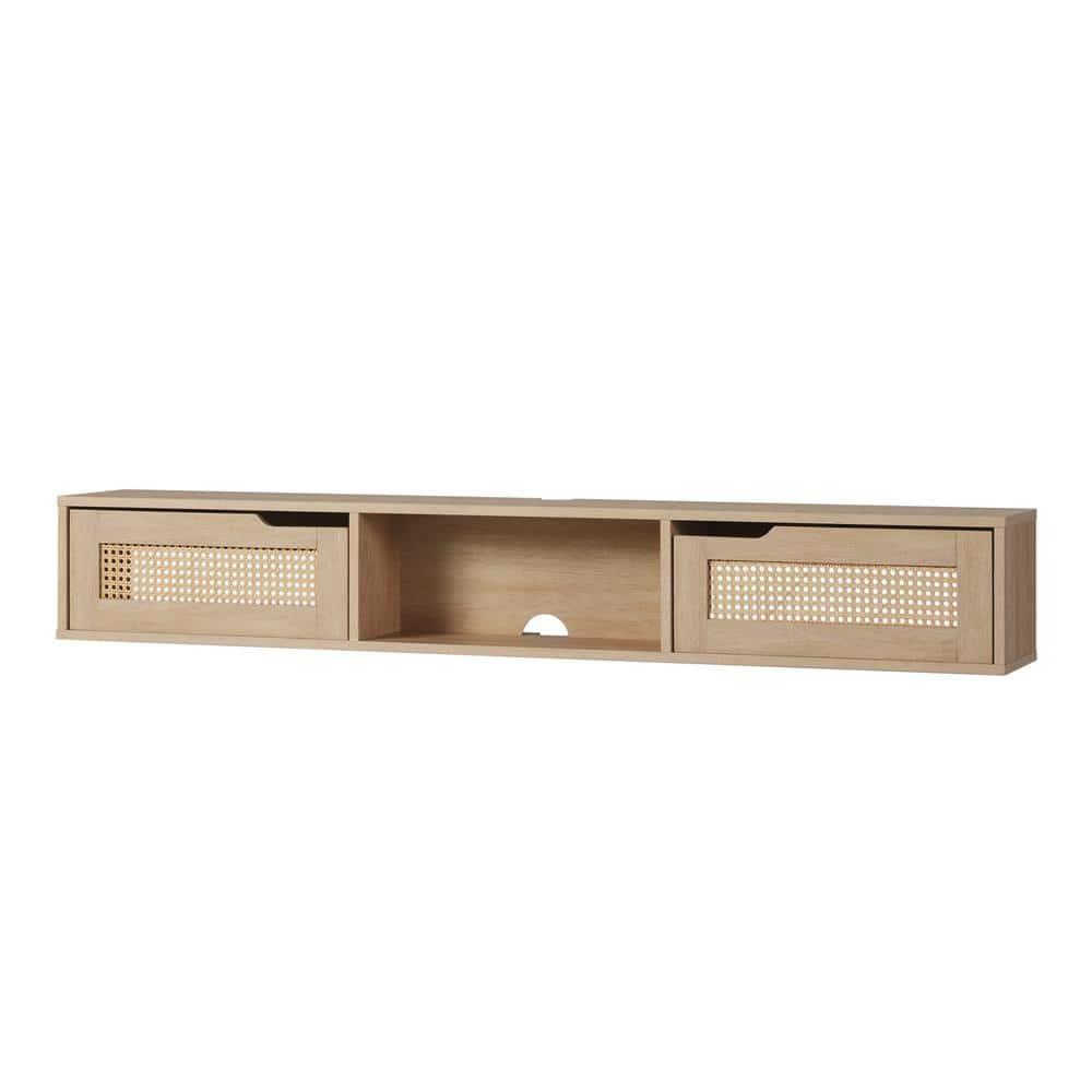 Walker Edison Modern Floating Rattan-Door TV Stand for TVs up to 65”, Coastal Oak