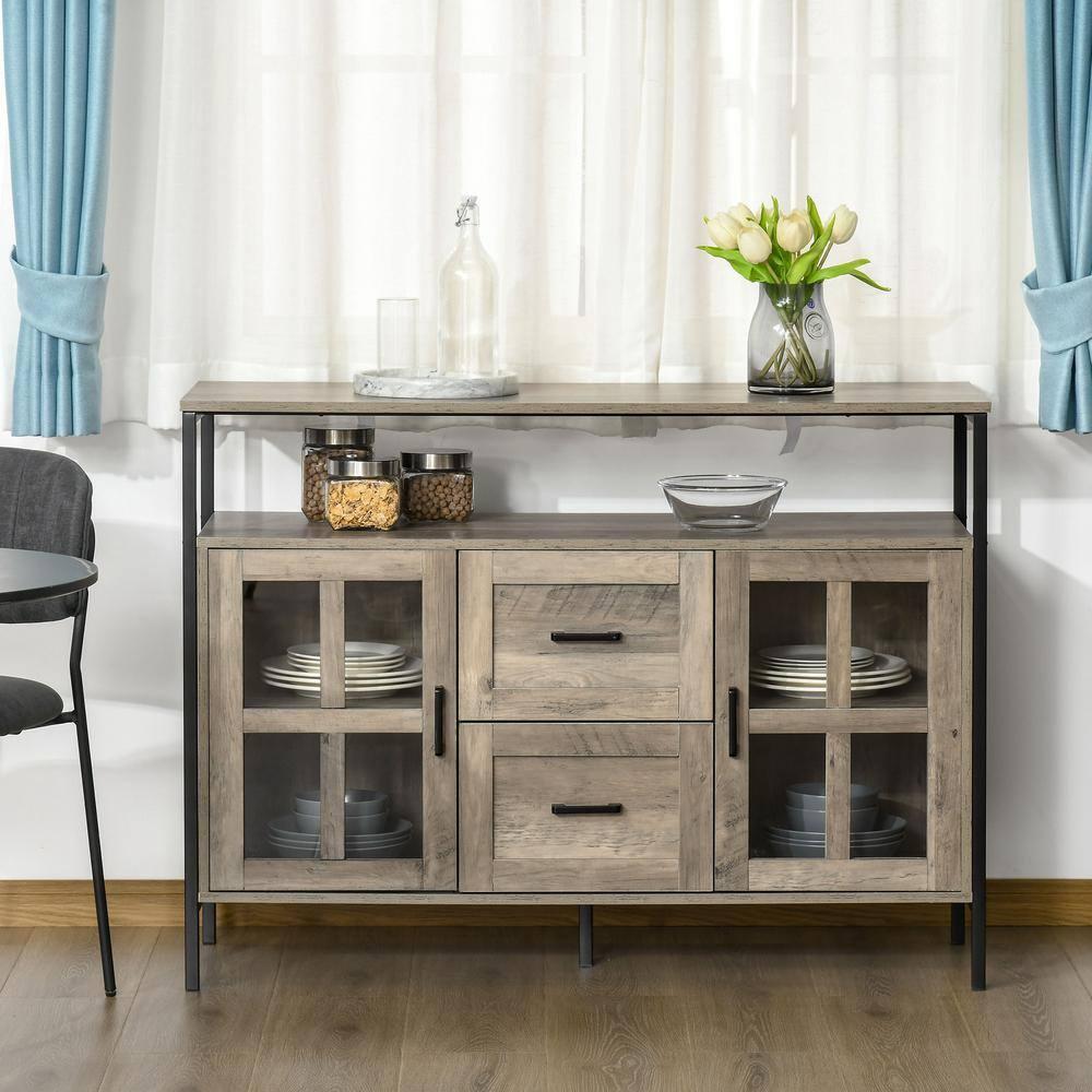 HOMCOM Industrial Sideboard Buffet Cabinet, Kitchen Cabinet, Coffee Bar Cabinet with Adjustable Shelves, Glass Doors, and 2 Drawers for Living Room, Gray