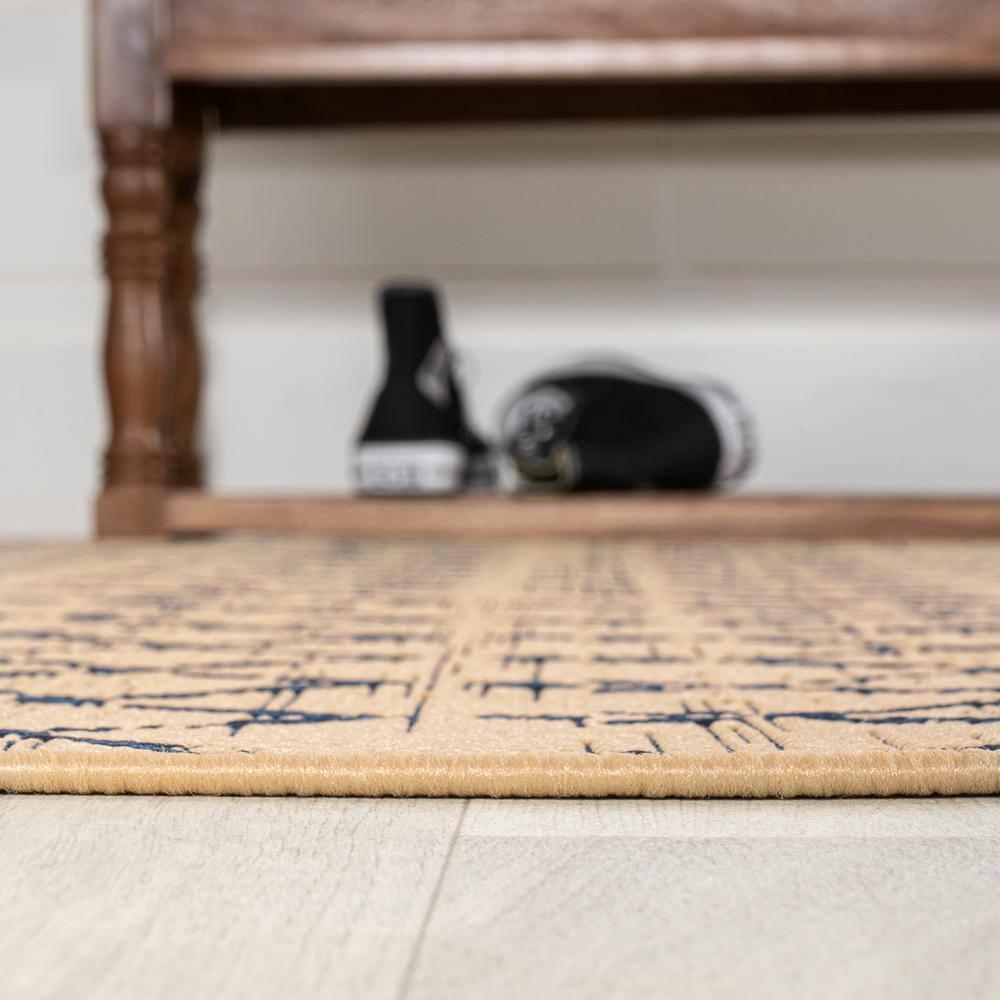 5' Round Ourika Moroccan Geometric Textured Weave Indoor/Outdoor Area Rug, Beige/Navy - JONATHAN Y