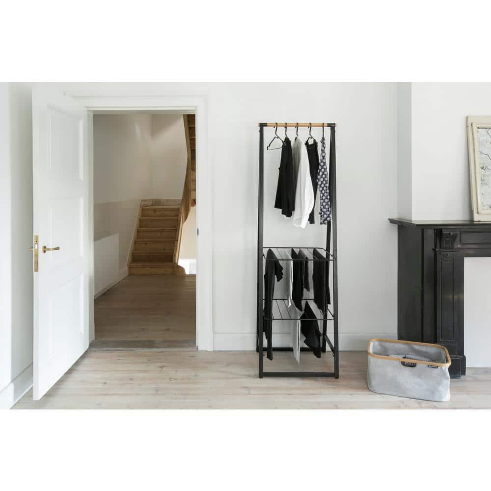 Black Steel and Bamboo Freestanding Garment Rack with Adjustable Shelves