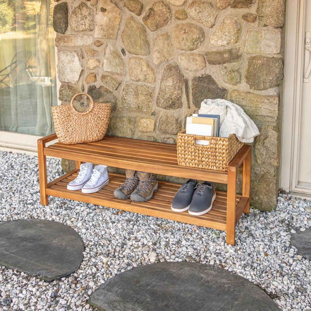Blane 3-Seat Mid-Century Modern Acacia Wood Slat Outdoor Garden Patio Bench, Teak - JONATHAN Y