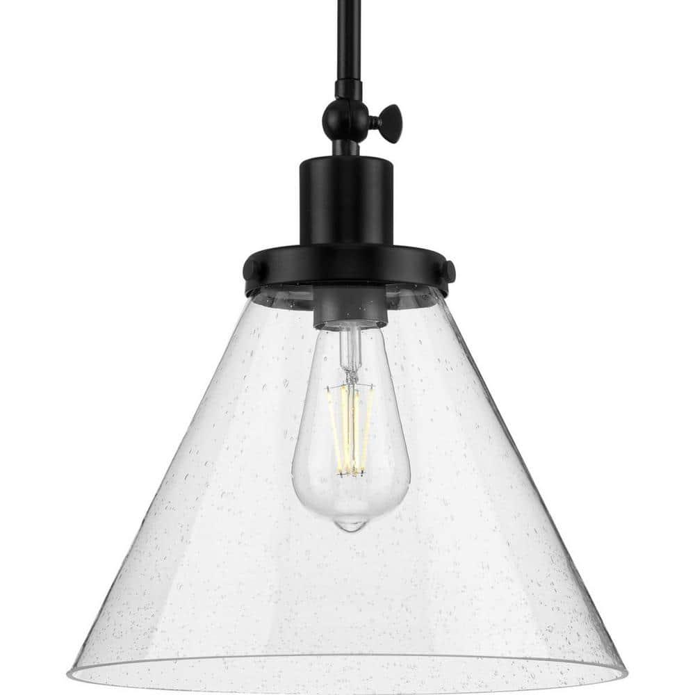 Progress Lighting Hinton 1-Light Industrial Pendant Light, Matte Black, Seeded Glass Shade