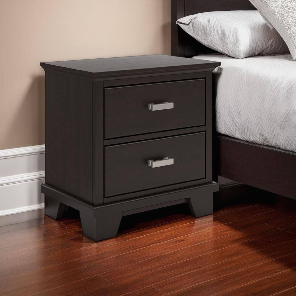 Benjara Teno Nightstand, 2 Drawers, Nickel Handles, Dark Brown Solid Hardwood