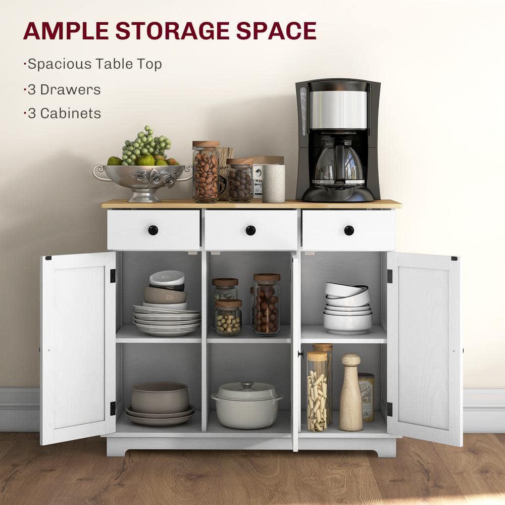 HOMCOM Kitchen Storage Cabinet, Sideboard Floor Cupboard with Solid Wood Top, Adjustable Shelf, and 3 Drawers for Living Room, Distressed White
