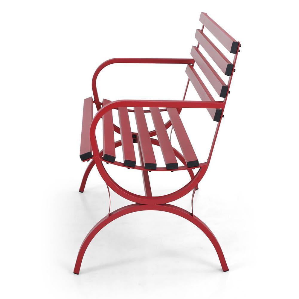 PHI VILLA Outdoor Garden Bench, 48” Long Metal Steel Bench with Backrest and Armrests, Modern Slatted Design for Patio, Lawn, Yard, Porch - Red