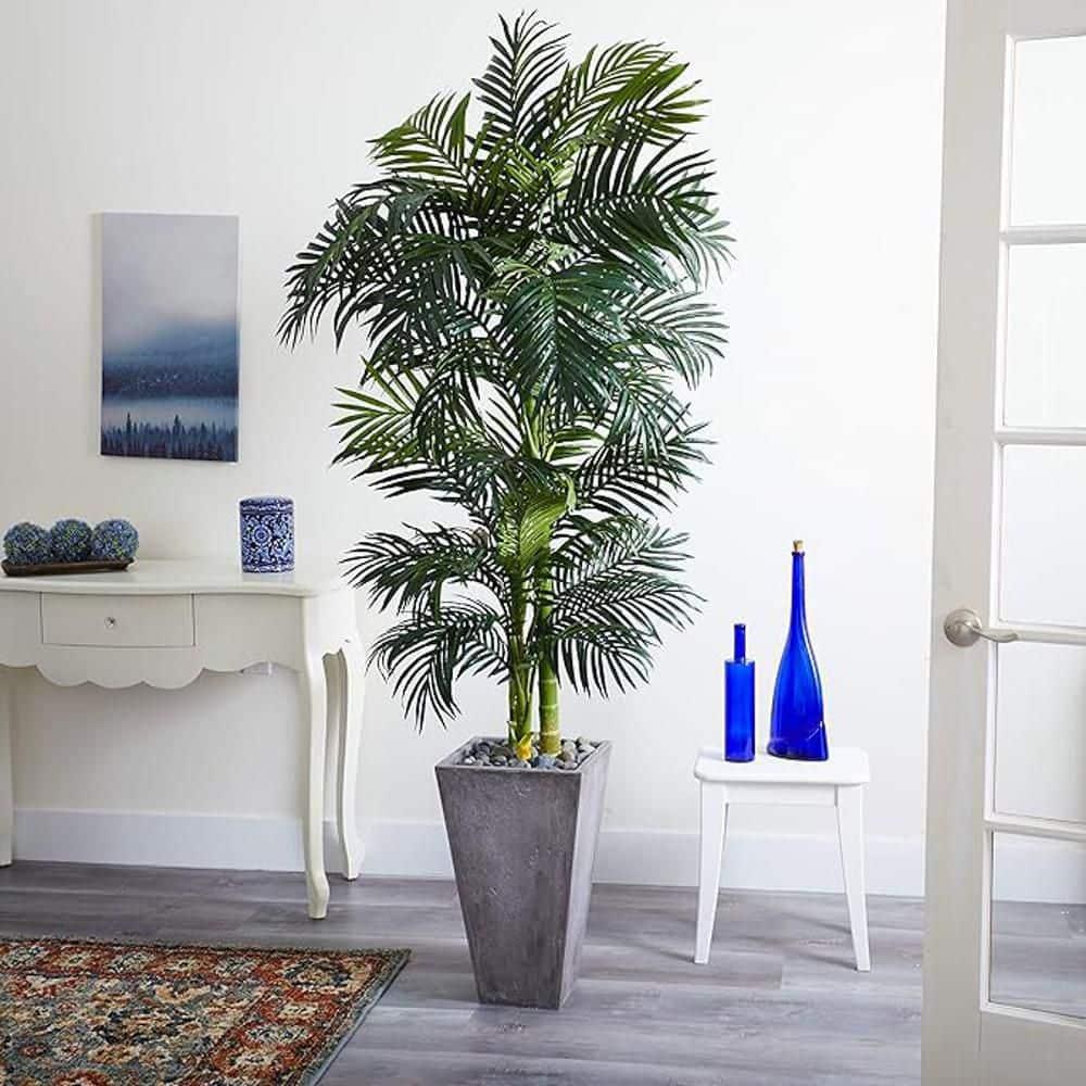 Nearly Natural 7-ft Golden Cane Artificial Palm Tree in Cement Planter
