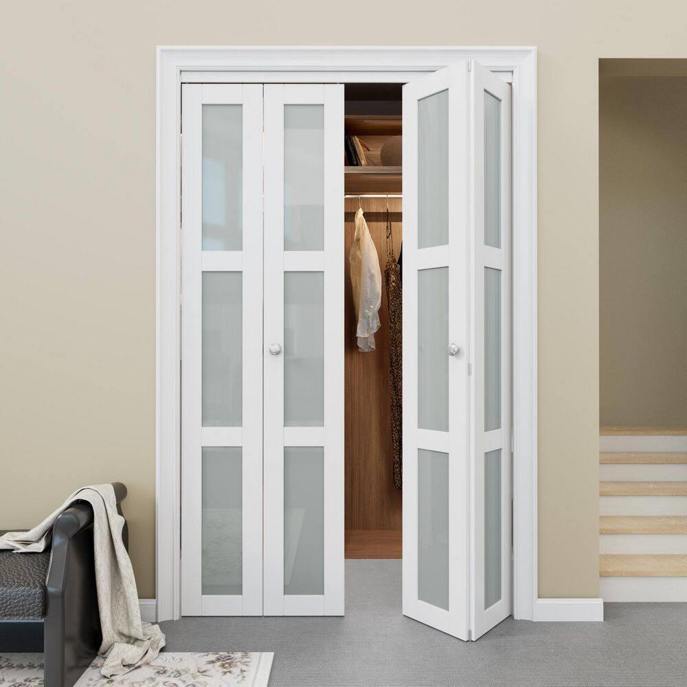 CHIC MODE Double Bifold Doors 3 Lite Frosted Glass Solid Manufactured Wood Prefinished Folding Door