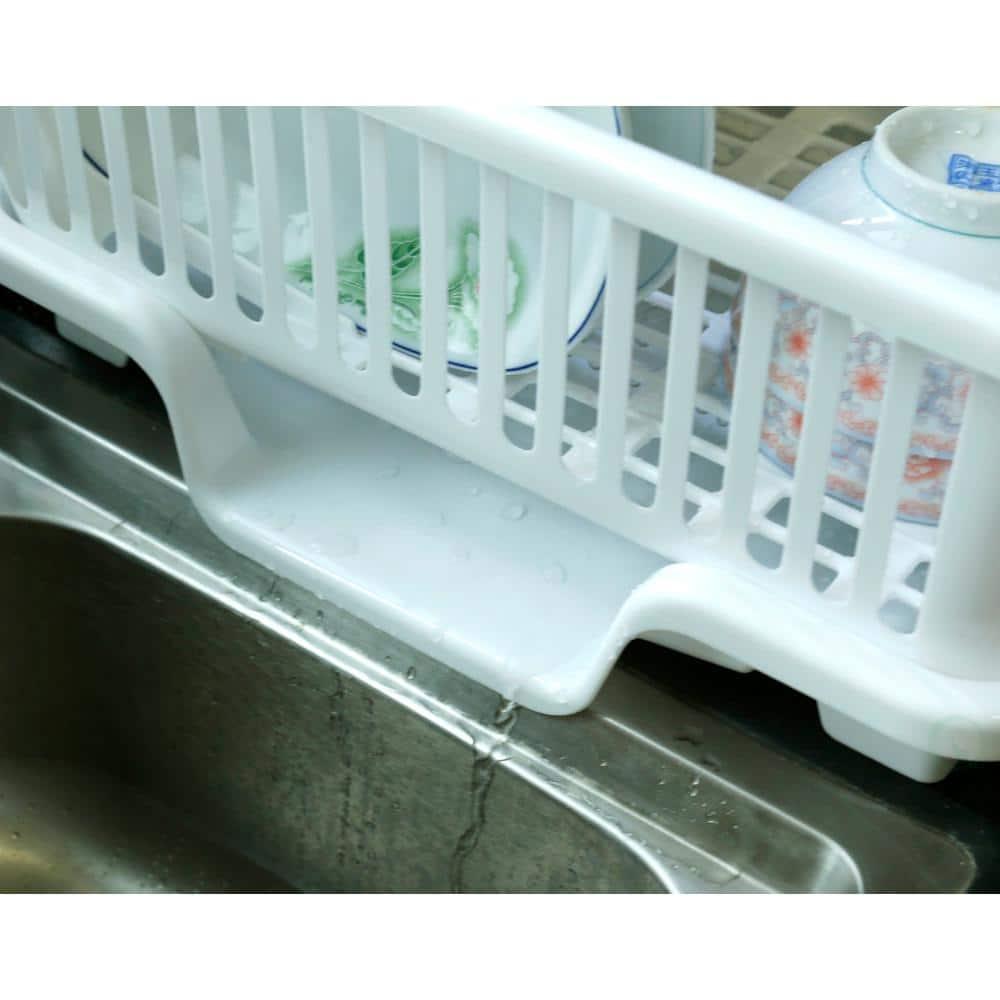 Basicwise Heavy Duty 2-Piece Plastic Dish Drying Rack Set in White - Includes Large Dish Drainer, Attached Drainboard, and Utensil Cup Holders for Home Kitchen Countertop Organization