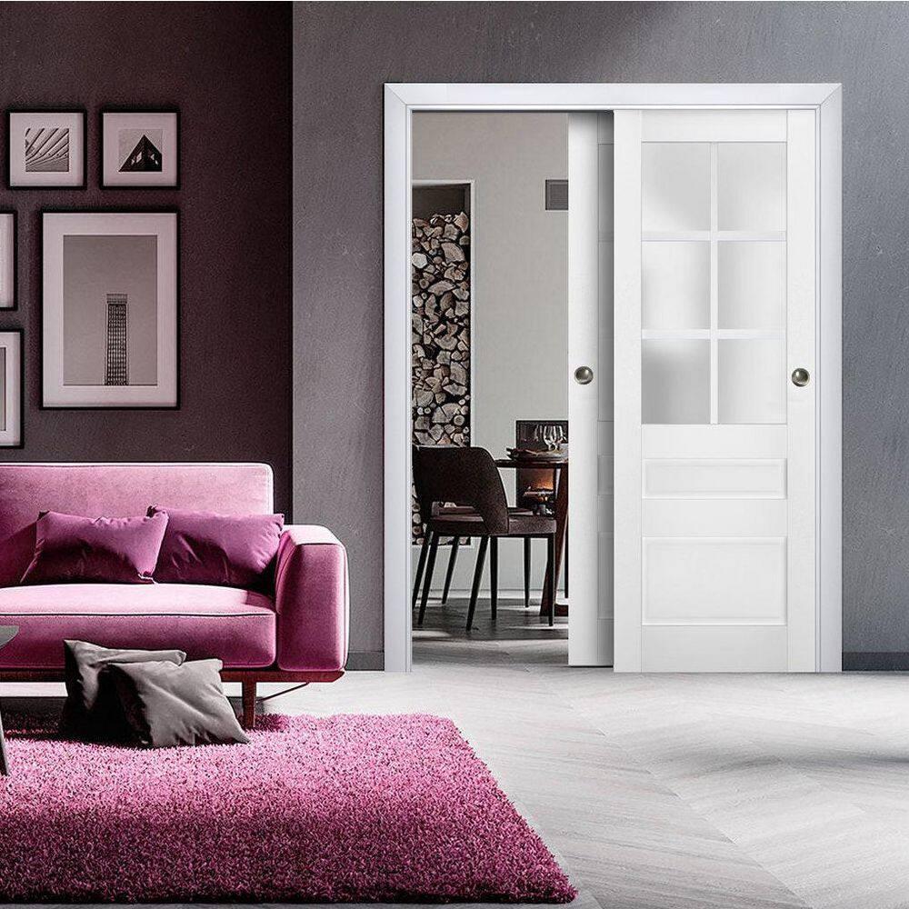 Sliding Closet Bypass Doors with Frosted Glass | Veregio 7339 White Silk | Sturdy Rails Moldings Trims Hardware Set | Wood Solid Bedroom Wardrobe Doors -64" x 84" (2* 32x84)