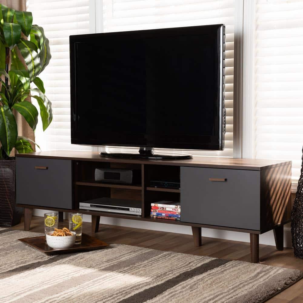 Moina Two-Tone Wood TV Stand for TVs up to 70" Walnut/Gray - Baxton Studio